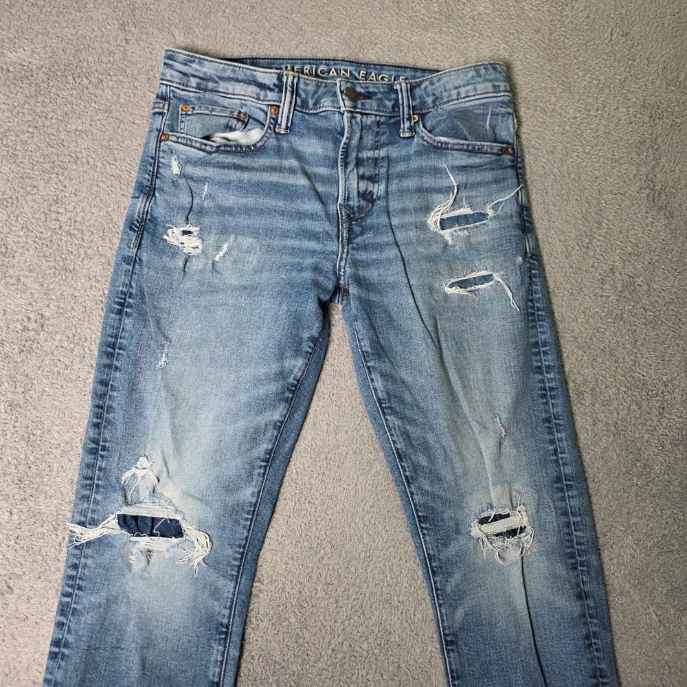 American Eagle Mens 29x30 Athletic Skinny Jeans Blue Distressed Airflex+ 5485